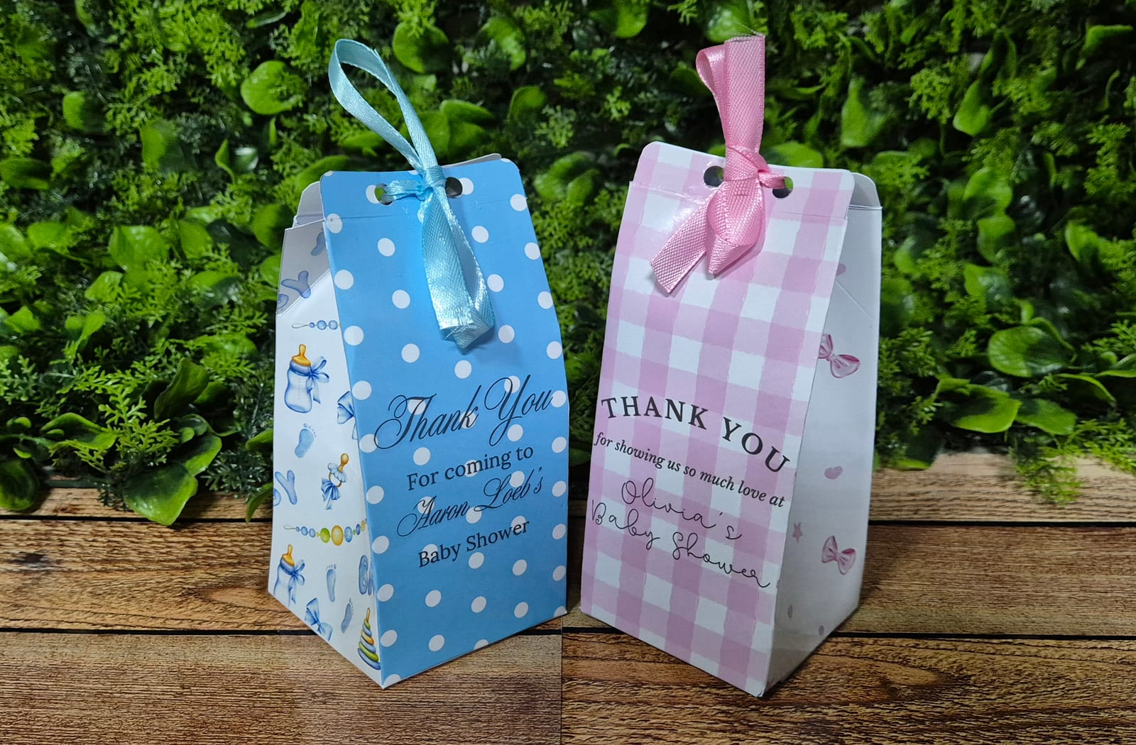 Blue and pink personalised thank-you favour boxes for baby showers