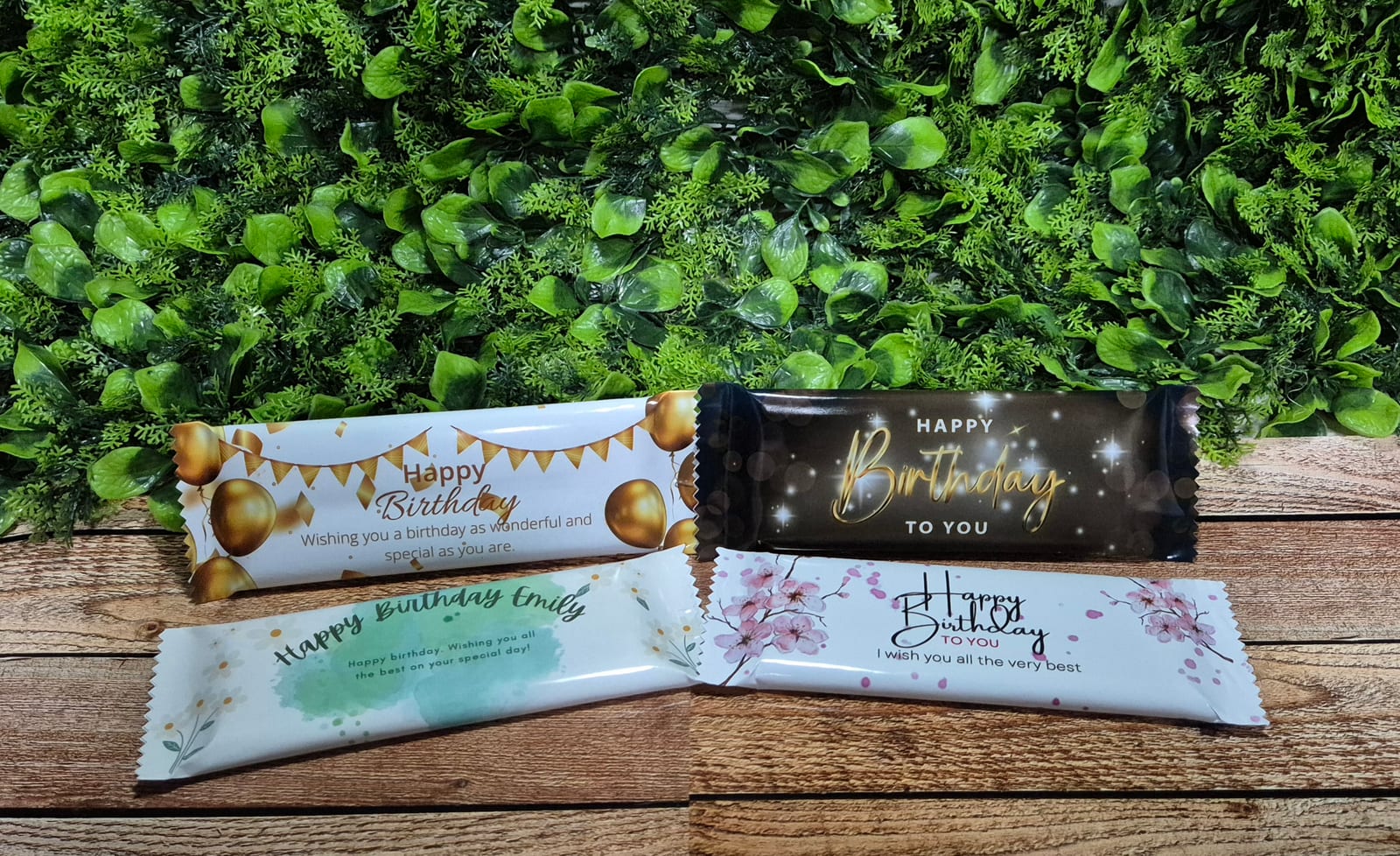 A selection of personalised birthday chocolate wrapper examples