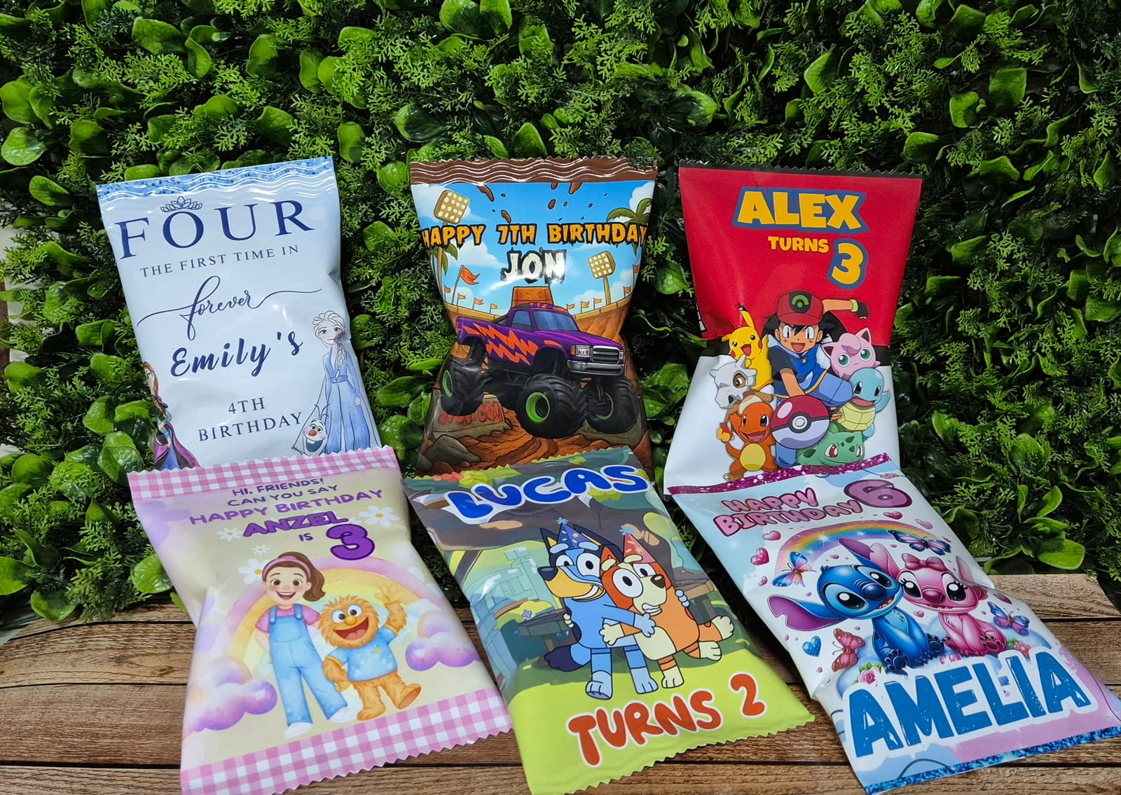 Colourful personalised party pack examples created for children’s birthdays