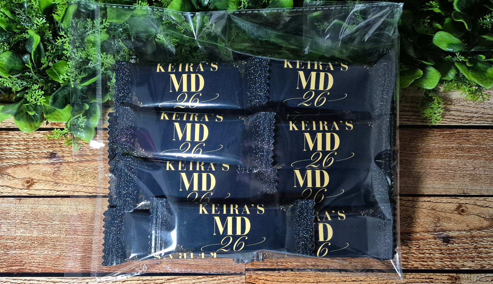 Elegant black and gold personalised chocolate favours for a matric dance