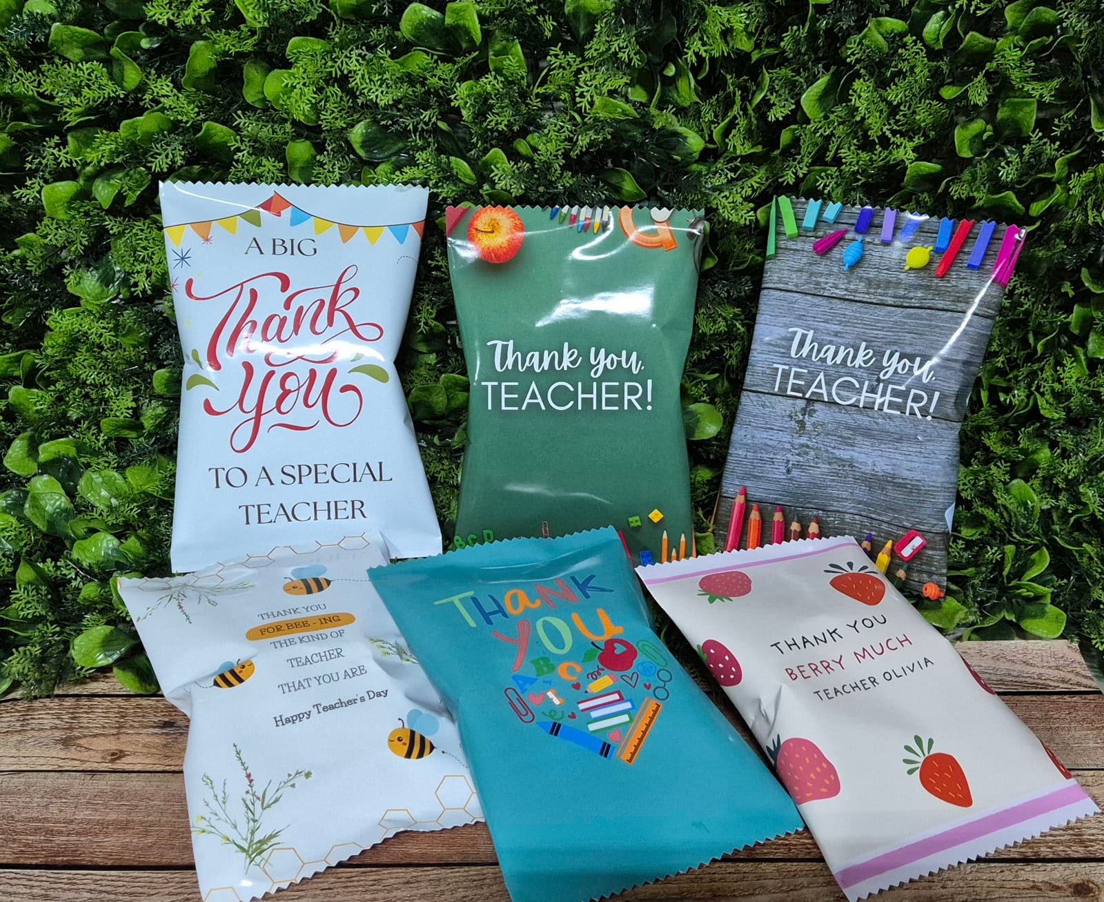 A selection of personalised chocolate gifts created for teachers