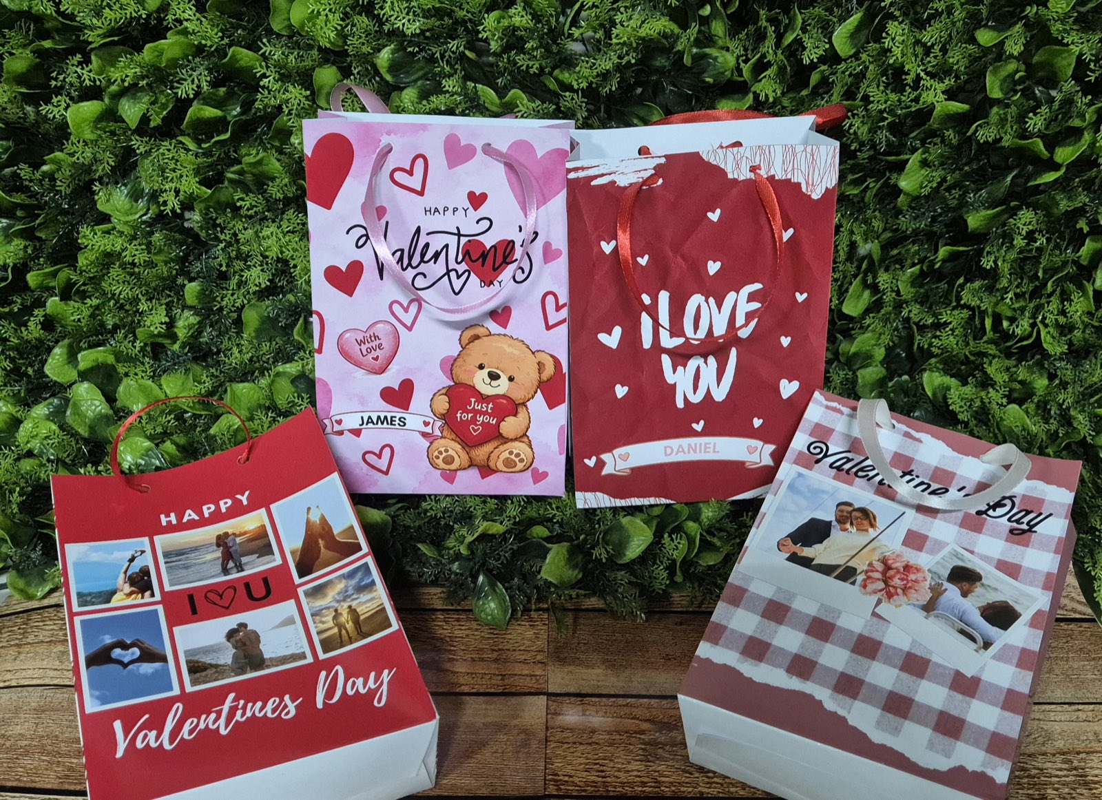 Personalised gift bag printed with a name, filled and tied for gifting