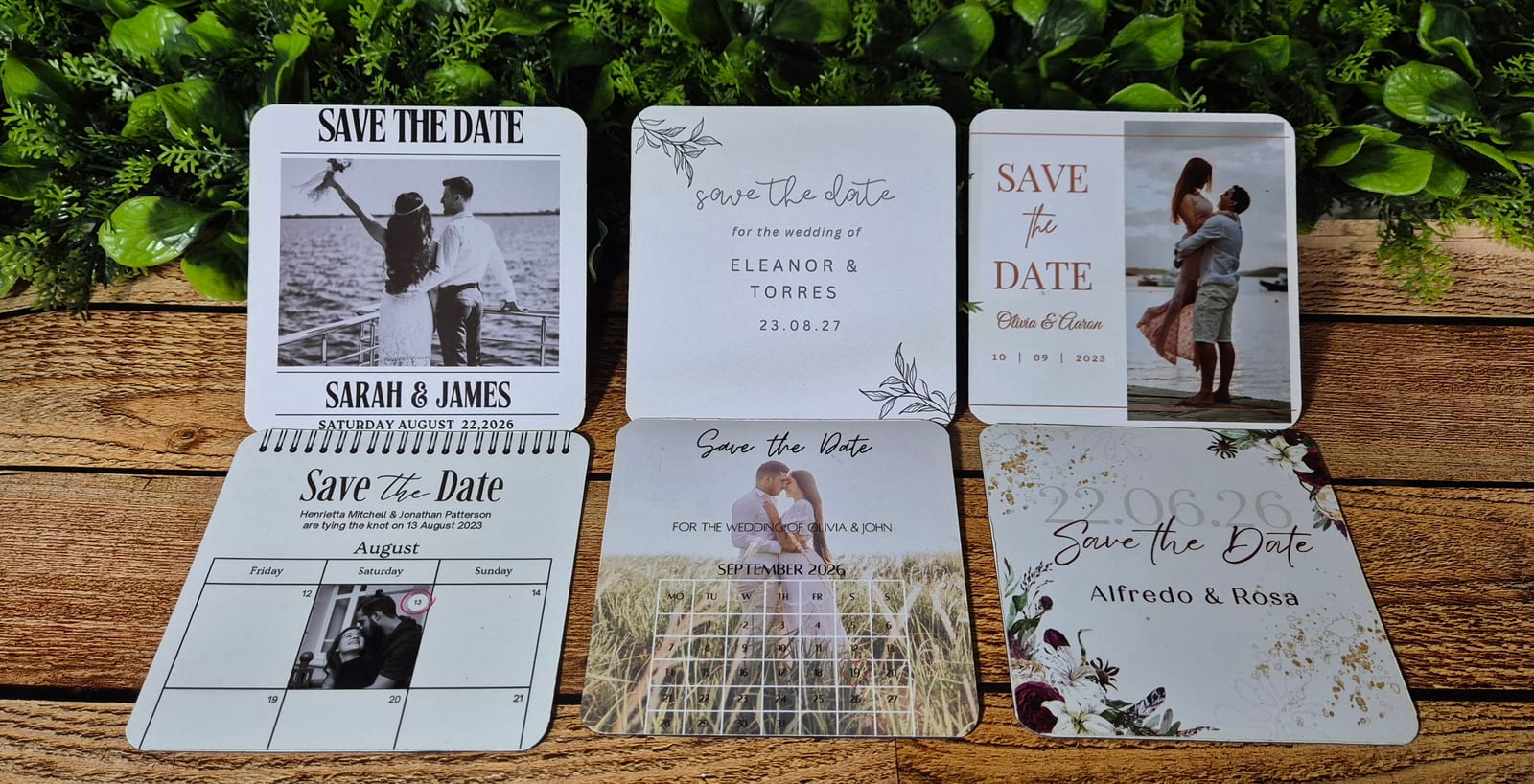 A collection of personalised wedding save-the-date magnet examples