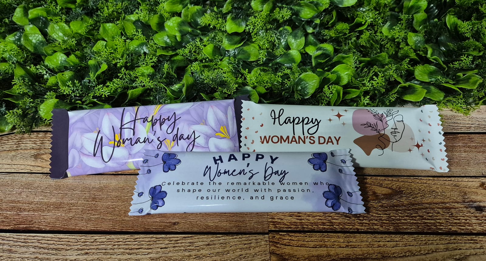 Purple and neutral personalised chocolate wrappers for Women’s Day