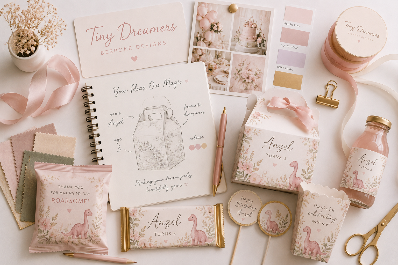 The Tiny Dreamers design process arranged across an atelier table
